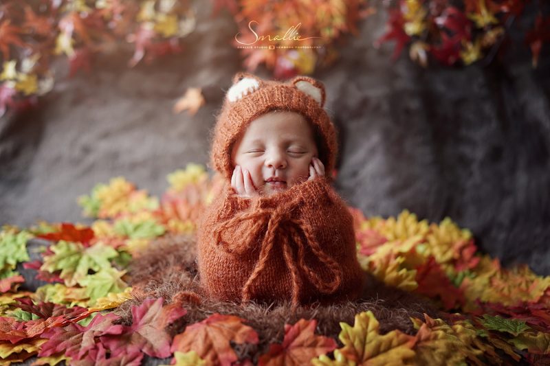 newborn photography autumn leaves
